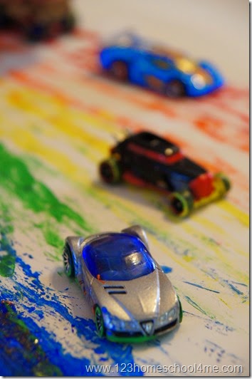 Playing with cars and paint for toddler, preschool, kindergarten Playing with cars and paint for toddler, preschool, kindergarten