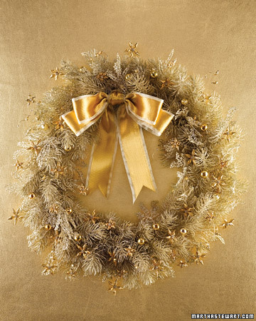 This wreath has an unexpected color and shimmer and the golden beads become jewel-like.