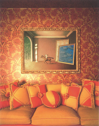 I love the sumptuous colors used in this room. What a great palette! Nan Kempner's Library with L'Enfance d'Icare (1960), René Magritte, and Gabhan O'Keefe Sofa, New York City, March 1998. I love the sumptuous colors used in this room. What a great palette! Nan Kempner's Library with L'Enfance d'Icare (1960), René Magritte, and Gabhan O'Keefe Sofa, New York City, March 1998.