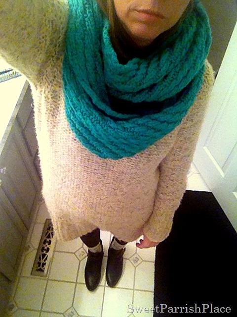 chunky sweater and leggings with infinity scarf and booties