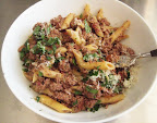 With penne, Parmesan, and chopped parsley