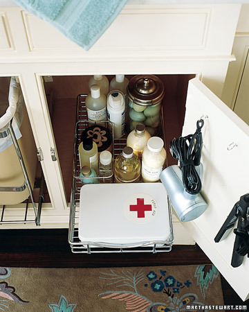 Make bathroom cabinets easier to navigate when you fit them with roll-out wire trays, the kind used in kitchens. Make bathroom cabinets easier to navigate when you fit them with roll-out wire trays, the kind used in kitchens.