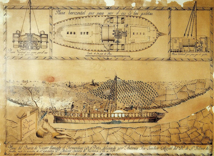 Plano del vapor REAL FERNANDO según un dibujo de Antonio Fiz Sandier. Aaño 1.819. Del libro HISTORIA GRAFICA DEL PUERTO DE SEVILLA.JPG