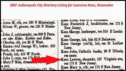 Lawrence Keen - 1883 Indpls City Directory - Shoemaker