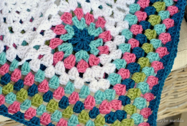 Blue, pink, and green granny square blanket // www.maybematilda.com