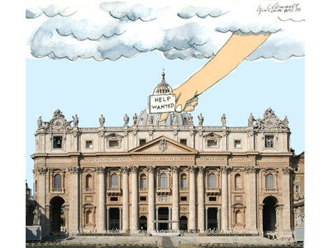 c0 in this political cartoon, God is putting a "help wanted" sign on the Vatican