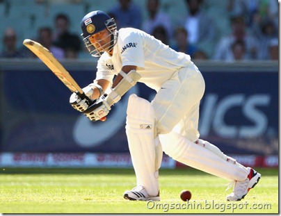 Sachin Tendulkar of India plays a shot off his toes during day two of the First Test match between Australia and India
