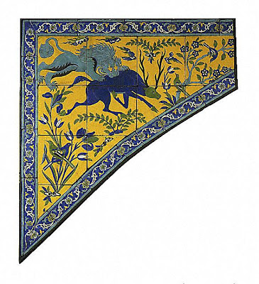 Tile panel for a spandrel | Origin: Iran, Isfahan | Period: 17th century | Collection: The Nasli M. Heeramaneck Collection, gift of Joan Palevsky (M.73.5.4) | Type: Ceramic; Architectural element, Fritware cuerda seca technique, 45 1/4 x 41 1/2 in. (114.94 x 105.41 cm)