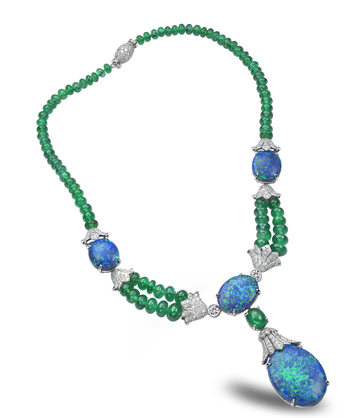 We featured this show stopping platinum, opal, emerald bead, and diamond necklace from Oscar Heyman in our 2012 Real Weddings issue. We think it would be stunning for an ocean side nuptial.