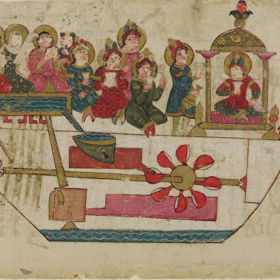 Folio from an Automata by al-Jazari; A Musical Toy in the form of a boat | Origin: Syria | Period: Early 14th century (1315) Copied by Farrukh ibn Abd al-Latif | Details: Not Available | Type: Opaque watercolor, ink and gold on paper | Size: H: 30.2 W: 21.7 cm | Museum Code: F1930.73 | Photograph and description taken from Freer and the Sackler (Smithsonian) Museums. 651febfc02c14cbea3db5c9382212160.jpg