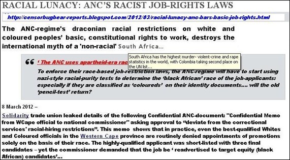 ANC REGIME RACIST JOB RIGHTS LAWS RESTRICTIONS ON WHITE AN D COLOURED PEOPLE TO RIGHT TO WORK MARCH 2012