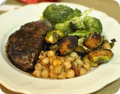 filet, scallops, brussels sprouts, broccoli