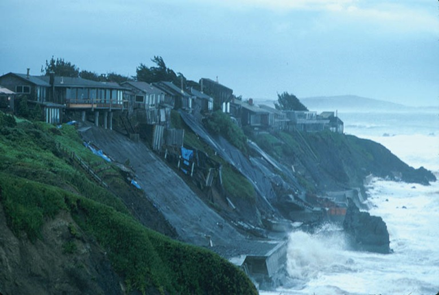 Coastal erosion on the California coast. Heavy rains and high surf from storms associated with the 1998 El Ni&ntilde;o event produced severe erosion along the California coast, leading to major property losses. Source: Paul Neiman, Environmental Technology Laboratory, NOAA