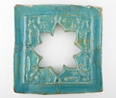 Window Tile | Origin: Probably Iran | Period: 13th century | Collection: The Madina Collection of Islamic Art, gift of Camilla Chandler Frost (M.2002.1.343) | Type: Ceramic; Architectural element, Fritware, molded and glazed, 15 x 15 in. (38.1 x 38.1 cm)
