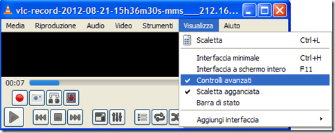VLC Controlli avanzati pulsante Rec
