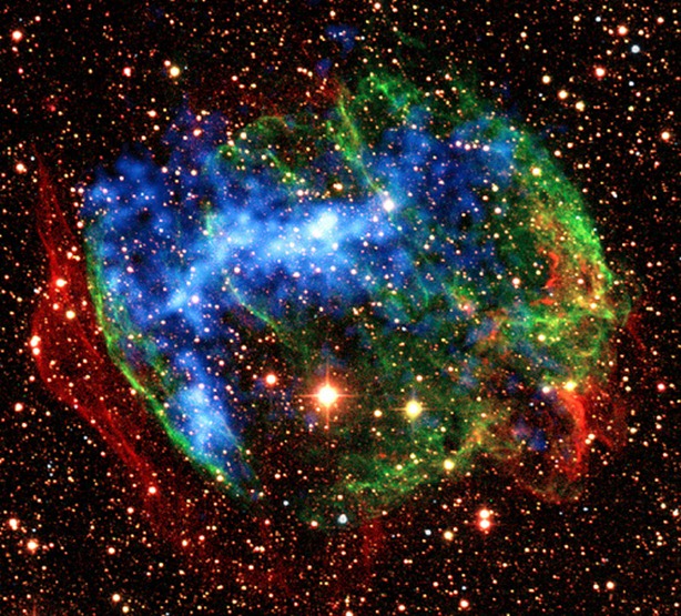 Release date Dec. 30, 2009

In the supernova remnant W49B, Suzaku found another fossil fireball. It detected X-rays produced when heavily ionized iron atoms recapture an electron. This view combines infrared images from the ground (red, green) with X-ray data from NASA's Chandra X-Ray Observatory (blue). Credit: Caltech/SSC/J. Rho and T. Jarrett and NASA/CXC/SSC/J. Keohane et al.

To learn more about this image go to:

http://www.nasa.gov/mission_pages/astro-e2/news/fossil-fireballs.html

<b><a href="http://www.nasa.gov/centers/goddard/home/index.html" rel="nofollow">NASA Goddard Space Flight Center</a></b>  is home to the nation's largest organization of combined scientists, engineers and technologists that build spacecraft, instruments and new technology to study the Earth, the sun, our solar system, and the universe.