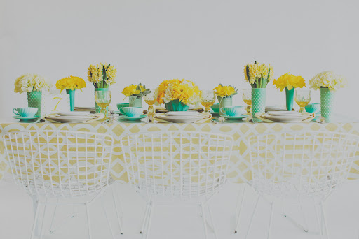 Why limit yourself to one fabric? Dress half of your tables in yellow oilcloth.