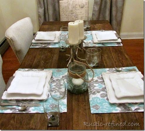 Setting a Beach inspired Tablescape @ Rustic-refined.com This tablescape was inspired by the temperatures outside. Using cool colors of water and a cold grey sky, I set a modern yet beachy table