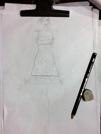 An early sketch of the dress Rosma wore to cocktail hour. After shopping for fabric and continued discussion, it became a longer dress with the orange color blocking on the bottom.