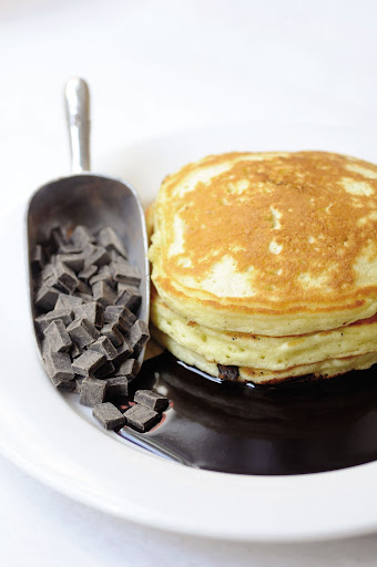 Classic Chocolate Chunk Pancakes with Chocolate Sauce