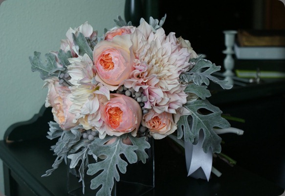 DSC01665 cafe au lait dahlias, juliet garden roses, roses, silver brunia, and dusty miller. anastasia ehlers floral design