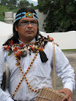 Former CONAIE President and former Sarayaku President Marlon Santi, drumming during the Kichwa ceremony before the Court.  Photo: Andrew Miller / Amazon Watch