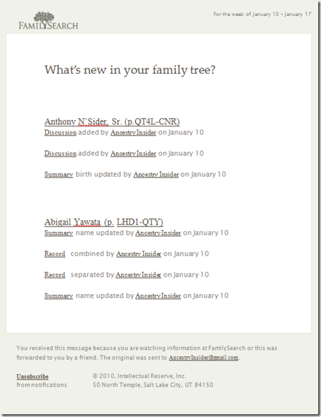 FamilySearch Family Tree notification e-mail