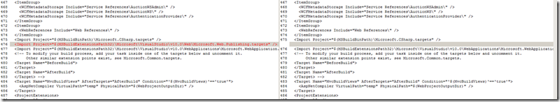 The existing "broken" hosting web app was importing "Microsoft.Web.Publishing.targets" 