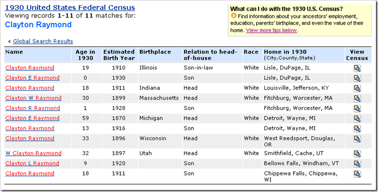 Ancestry.com Real Old Search single database results page