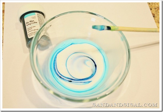 Mix food coloring into glue 
