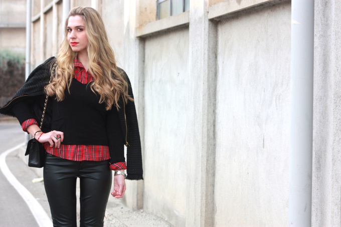 check shirt, chanel bag, casadei shoes, outfit