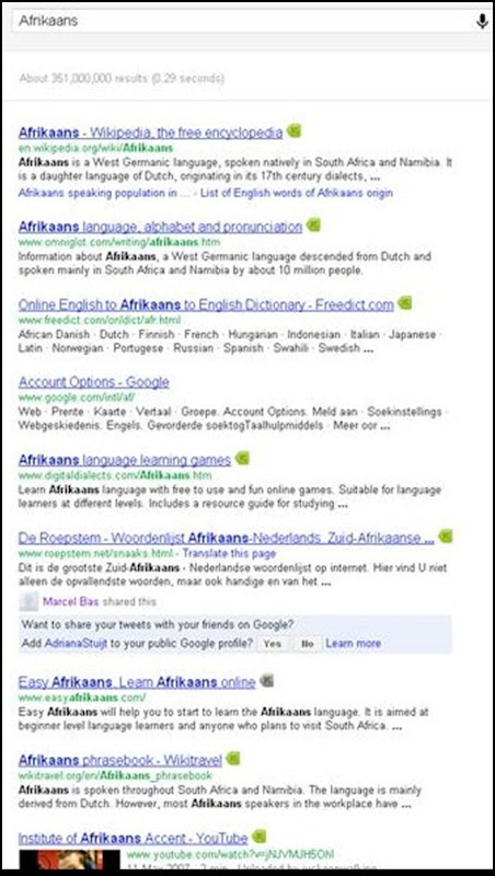 Afrikaans google results 361000000 Dec 23 2011
