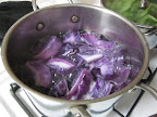 To create dye, I chopped up half a head of cabbage and boiled it in three cups of water for 30 minutes. I did the same with the beet dye, and for coffee I just brewed a very strong pot. The dyes cooled on my counter overnight.
