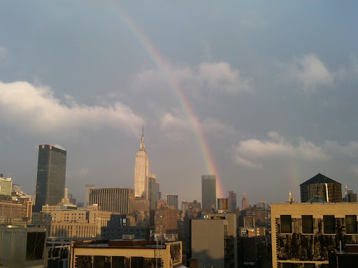 Looking out the window of our offices, you can just barely see the second rainbow to the right of the first. Everyone in the office was running to the windows to check it out!