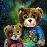 SPRZEDANY: Misie pluszowe - z cyklu Wspomnienia z dzieciństwa - Mantykora. Akryl na płótnie, wymiary: 18x24cm