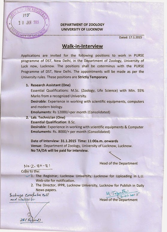 Uni Lucknow Zoology PA Walk Ins