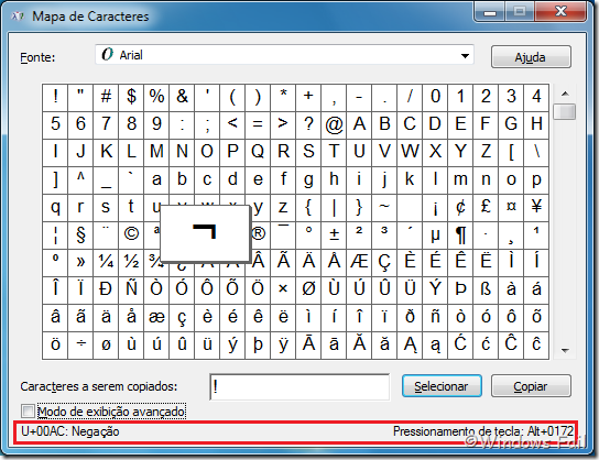 Nome do caractere e comando pelo teclado aparecem na ferramenta