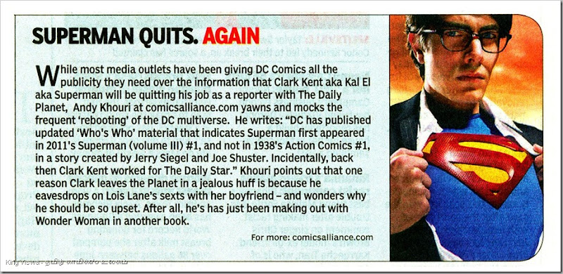 Times Of India Daily Chennai Edition Page No 13 Dated Sunday 28th Oct 2012 Superman Quits Again