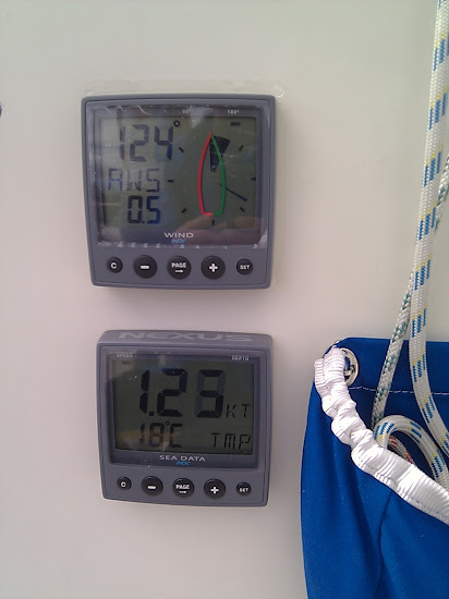Instrumenten fungerar! Vi parkopplade vindmätaren och vips visar vindmätaren vindhastighet och vindriktning. Loggen visar knop och vattentemperatur, och även lufttryck.
