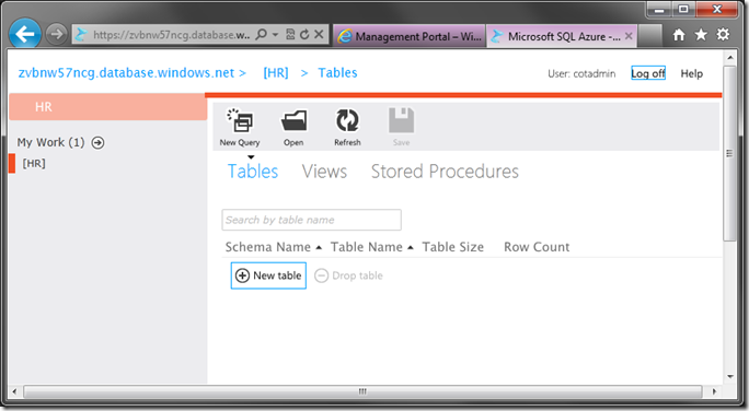 New Table button in Microsoft SQL Azure database management web app