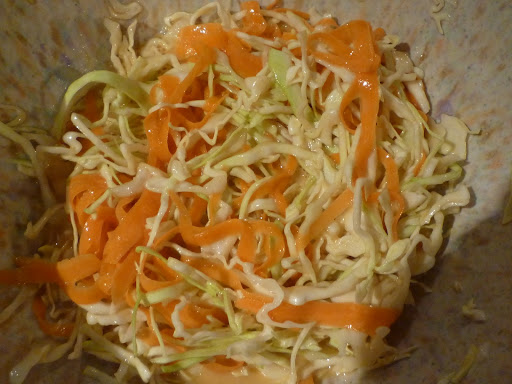 Cabbage and carrots tossed with eggs, flour, water, and soy sauce.