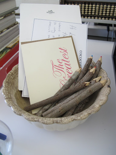 I keep invites and cards in this Ironstone bowl. I prefer a pencil to a pen any day.