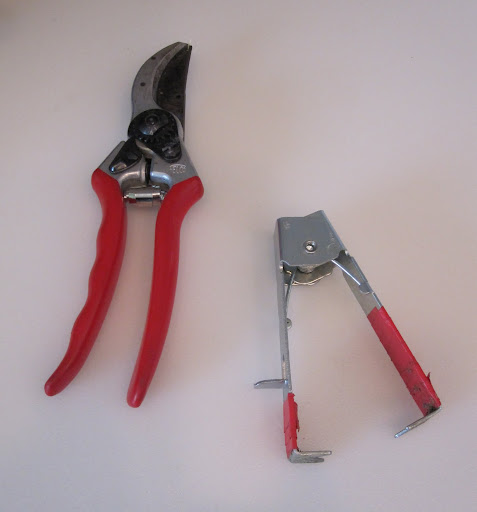 Here are two tools that will be used to create the rose arrangements: to the left is a pruner and to the right is a stem stripper. Tom placed red tape on the stem stripper because he said he has lost is several times in a pile of leaves -- so it is easier for him to spot with the red tape.