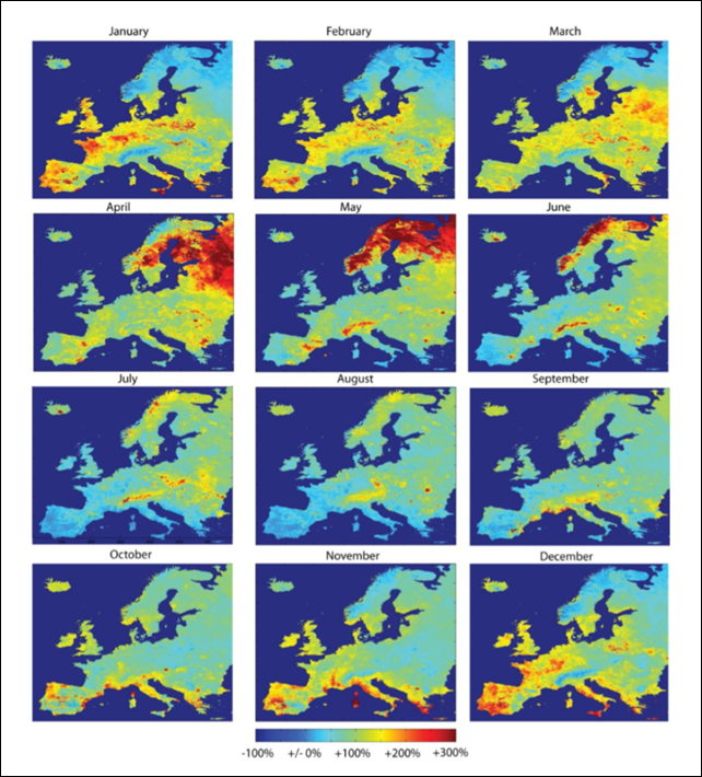 Monthly peak flood discharge anomalies for Europe. Mean peak discharges in the months January to December relative to overall mean peak discharges over the period 1990-2011. Peak discharge values have been calculated on a 5km x 5km resolution on the basis of LISFLOOD30 simulations forced by daily climate data. The figure shows that discharges do not vary uniformly with seasons across various regions in Europe, under the influence of atmospheric patterns and seasonal effects (e.g. snow melt causing high spring peak discharges in mountain ranges and Scandinavia). In addition, climate change is expected to affect discharge patterns in the future, for example delaying spring snowmelt peaks in northern Europe or increasing extreme discharge events in the British Isles, possibly changing the basin correlations currently observed. Graphic: Jongman, et al., 2014 / doi:10.1038/nclimate2124