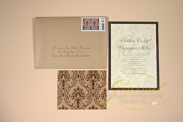 caramel and brown wedding invitations, caramel and chocolate wedding stationery, brown damask wedding invitations, cocoa brocade wedding invitations, kelly plantation golf club wedding invitations, damask wedding rsvp postcards, photo booth sign