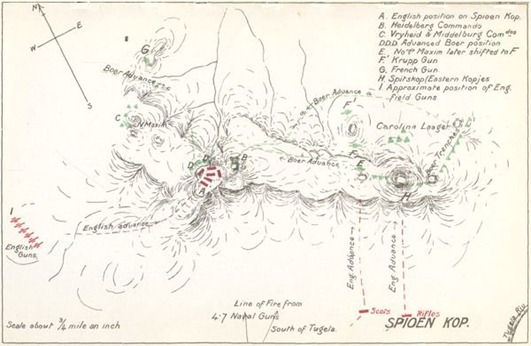 Map of Spion Kop and surrounding hills. Points A & B are on Spion Kop, from the book, "My Reminiscences of the Anglo-Boer War" by General Ben Viljoen, pubished in 1902 