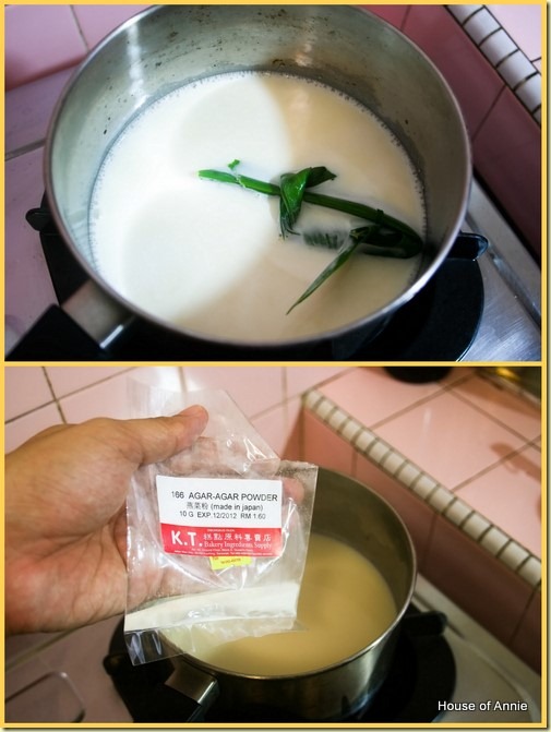 boiling soy milk with pandan and adding agar-agar powder