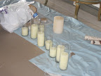 We set out all of our pillar candles, hurricane glasses, and slices of birch.