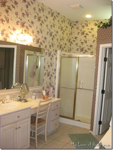 bathroom, removing wallpaper, floral wallpaper
