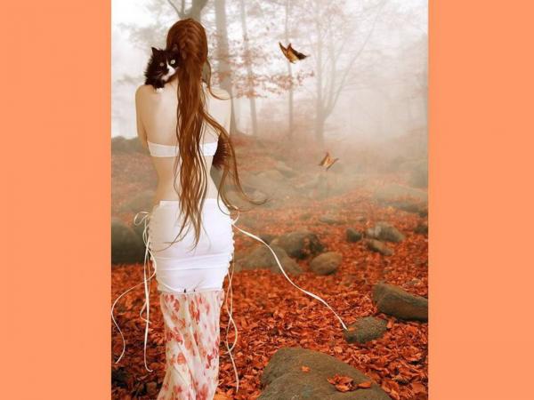Girl With Cat In Autumn Garden, Magic Beauties 3